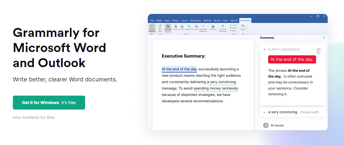 Grammarly addin for Microsoft Word