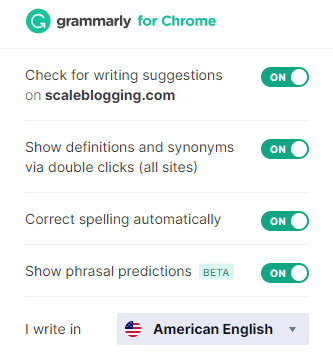 Grammarly extension settings