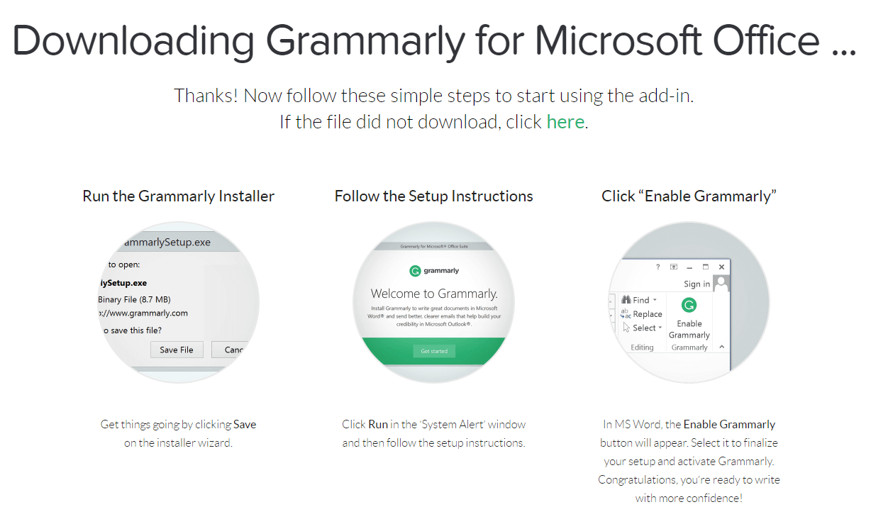 Grammarly for MS Word download page