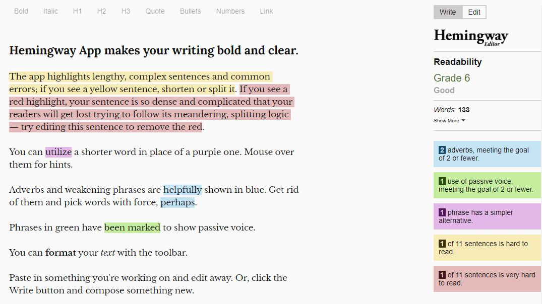 Hemingway app editor