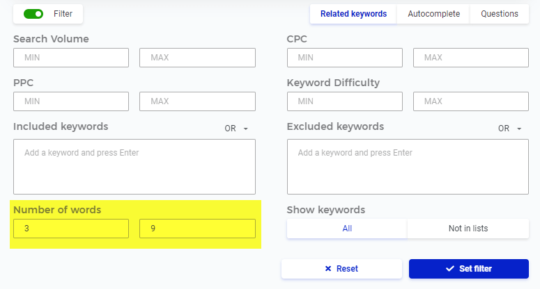 Keyword filter in KWFinder review