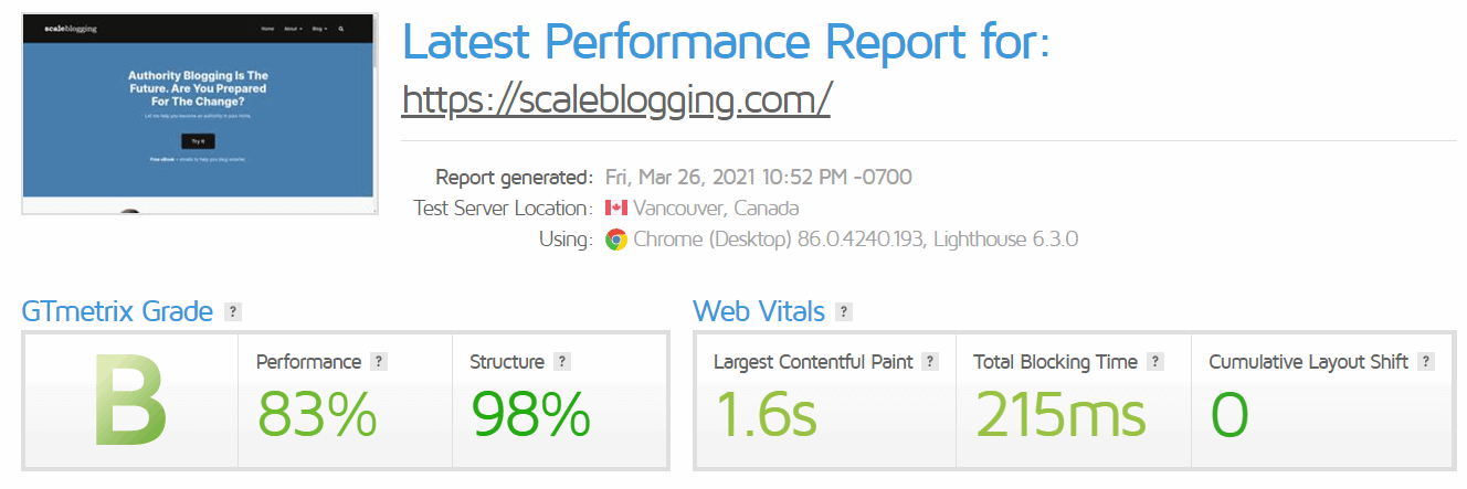 GTMetrix page speed details