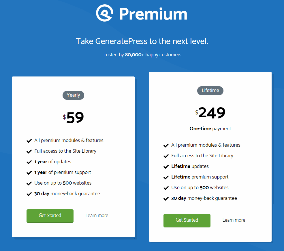 GeneratePress pricing options