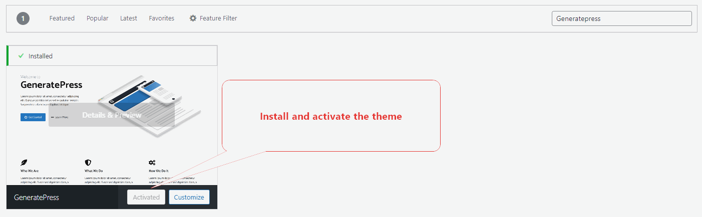 Install and activate GeneratePress theme