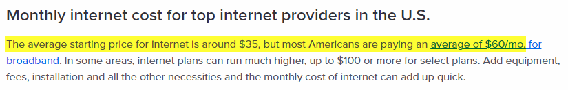 Average cost of the internet in US