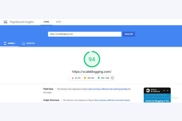 Google Page Speed Score of Popcorn theme